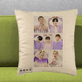 Perna Personalizata K-pop BTS Colaj 7 Portrete cu Inimi Lila, 40x40 cm, Bej, Husa Detasabila, Perna Inclusa, BEKZ®