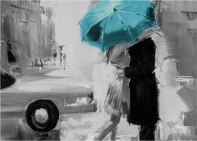 Tablou - Cuplu în dragoste cu umbrelă, albastru (70x50 cm)