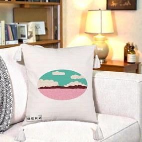 Perna Decorativa Peisaj Desert Oval Pastel, 40x40 cm, Bej cu Franjuri, Husa Detasabila, Perna Inclusa, BEKZ®