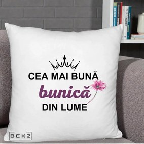 Cadou pentru Bunica - Perna Personalizata Cea Mai Buna Bunica Din Lume Coroana Mov Floare Roz, 40x40 cm, Alb Pufos, Husa Detasabila, Perna Inclusa, BEKZ®