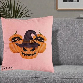 Perna Decorativa Trio Dovleci Jack-o-Lantern cu Palarie Vrajitoare, 40x40 cm, Roz, Husa Detasabila, Perna Inclusa, BEKZ®