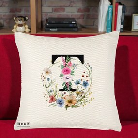 Cadou Personalizat - Perna Personalizata Monogram Litera T cu Flori Acuarela, 40x40 cm, Crem Reliefat, Husa Detasabila, Perna Inclusa, BEKZ®