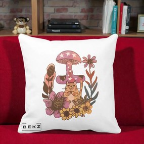 Perna Decorativa Ciuperca Pisica Boho, 40x40 cm, Alba Mata, Husa Detasabila, Perna Inclusa, BEKZ®