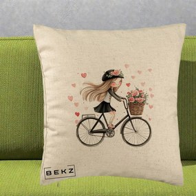Perna Decorativa Fetita Kawaii pe Bicicleta cu Trandafiri si Inimioare, 40x40 cm, Bej, Husa Detasabila, Perna Inclusa, BEKZ®