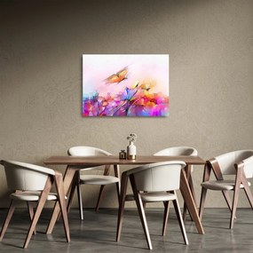 Tablou pe sticlă - Fluture asupra florilor, abstracție (70x50 cm)