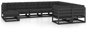 3077078 vidaXL Set mobilier grădină cu perne, 10 piese, negru, lemn masiv pin