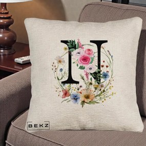 Cadou Personalizat - Perna Personalizata Monogram Litera N cu Flori Acuarela, 40x40 cm, Bej Canapea, Husa Detasabila, Perna Inclusa, BEKZ®