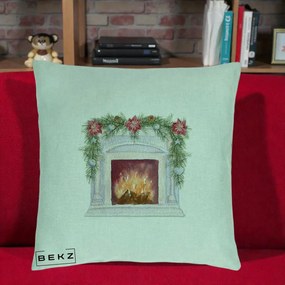 Perna Decorativa Semineu de Craciun Watercolor, 40x40 cm, Verde Menta, Husa Detasabila, Perna Inclusa, BEKZ®