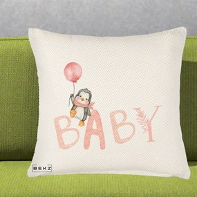 Perna Personalizata Baby Pinguin Roz, 40x40 cm, Crem Reliefat, Husa Detasabila, Perna Inclusa, BEKZ®