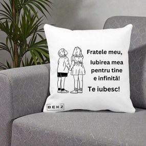Cadou pentru Frate - Perna Personalizata Fratele Meu Te Iubesc Copii Tinand Maini Line Art, 40x40 cm, Alba Mata, Husa Detasabila, Perna Inclusa, BEKZ®