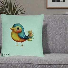 Perna Decorativa Pasare Folk Art Portocalie-Teal, 40x40 cm, Verde Menta, Husa Detasabila, Perna Inclusa, BEKZ®