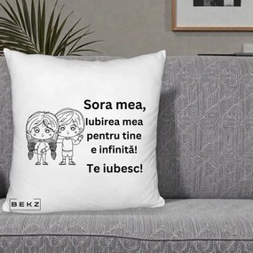 Cadou pentru Sora - Perna Personalizata Sora Mea Te Iubesc Copii Anime Line Art, 40x40 cm, Alb Pufos, Husa Detasabila, Perna Inclusa, BEKZ®