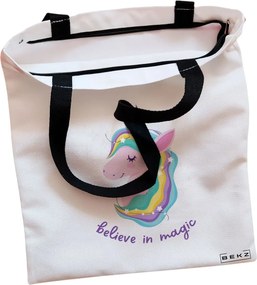 Sacosa de Panza pentru Cumparaturi, Geanta Tote, model Believe in Magic, Cu fermoar, 38x34.5 cm, Alba, BEKZ®