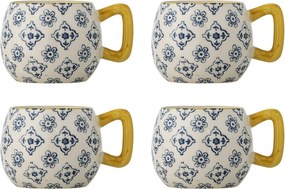 Set 4 căni din ceramică bej cu model floral albastru pictat manual și toartă galbenă, 400 ml, 10×8,5 cm, „Wrenna"