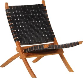 vidaXL Scaun relaxant pliant, negru, piele naturală