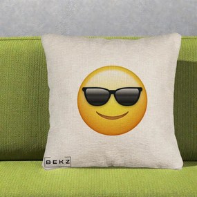 Perna Decorativa Emoji Cool Ochelari, 40x40 cm, Bej Canapea, Husa Detasabila, Perna Inclusa, BEKZ®