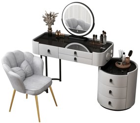 Set Lucia Premium, Masă de toaletă pentru machiaj, incarcare Wireless+USB+USB C, difuzor Bluetooth, oglindă iluminată LED, control touch, trei tipuri culoare, 6 sertare, scaun, 100 cm