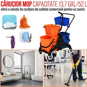 HOMCOM Cărucior Profesional de Curățenie cu 2 Găleți de 26L, Cărucior cu Presă, Mâner și 4 Roți Universale, pentru Hotel, Casă, Birou, 78x45x95 cm, Portocaliu și Albastru | Aosom Romania