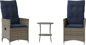 vidaXL Set bistro 3 piese cu perne, gri, poliratan