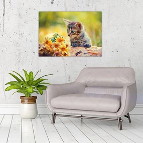 Tablou pe sticlă cu pisicuța uitându-se la floare (70x50 cm)