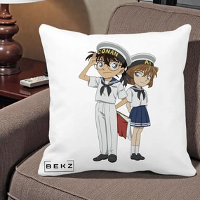 Perna Personalizata Detective Conan Conan si Ai Sailor, 40x40 cm, Alba Mata, Husa Detasabila, Perna Inclusa, BEKZ®