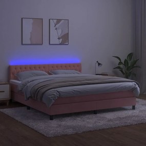 Pat cu arcuri, saltea si LED, roz, 160x200 cm, catifea Roz, 160 x 200 cm, Design cu nasturi