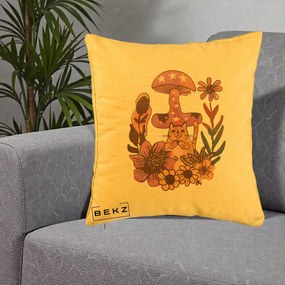 Perna Decorativa Ciuperca Pisica Boho, 40x40 cm, Galben, Husa Detasabila, Perna Inclusa, BEKZ®