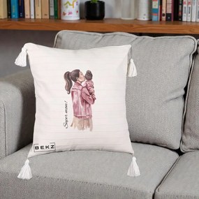 Cadou pentru Mama - Perna Personalizata Super Mom Jachete Roz, 40x40 cm, Bej cu Franjuri, Husa Detasabila, Perna Inclusa, BEKZ®