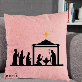 Perna Decorativa Nasterea Pruncului Silueta Neagra si Stea Aurie, 40x40 cm, Roz, Husa Detasabila, Perna Inclusa, BEKZ®