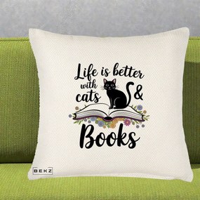 Perna Personalizata Life is Better Cats and Books, 40x40 cm, Crem Reliefat, Husa Detasabila, Perna Inclusa, BEKZ®