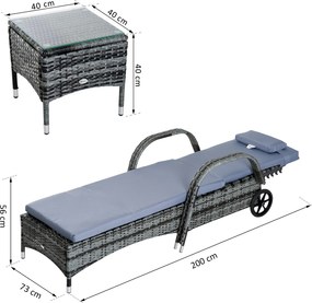 Outsunny Set 2 Sezlonguri si 1 Masuta de Gradina in Poli ratan Gri cu Saltea Captusita si Roti | Aosom Romania