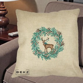 Perna Decorativa Coroana Turcoaz cu Ren, 40x40 cm, Crem, Husa Detasabila, Perna Inclusa, BEKZ®