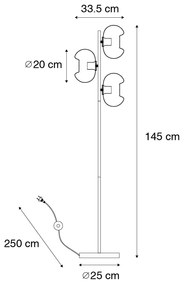 Lampă de podea Art Deco neagră cu sticlă fumurie cu 3 lumini - Ayesha