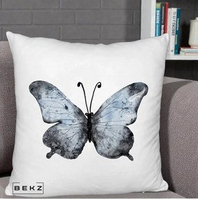 Perna Decorativa Fluture Acuarela Albastru-Gri, 40x40 cm, Alb Pufos, Husa Detasabila, Perna Inclusa, BEKZ®