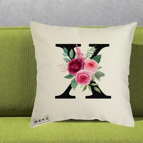 Cadou Personalizat - Perna Personalizata Monograma Florala Litera X cu Buchet, 40x40 cm, Ecru, Husa Detasabila, Perna Inclusa, BEKZ®