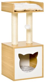 PawHut Căsuță Elegantă pentru Pisici, Design Modern Stejar și Alb, 35x35x81cm | Aosom Romania