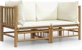 vidaXL Canapele colțar grădină, 2 buc, cu perne alb crem, bambus