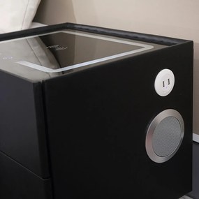 Noptiera inteligenta multifunctionala, iluminare LED tactil, blocare amprentă, incarcare wireless si USB, difuzor Bluetooth, catifea, Negru