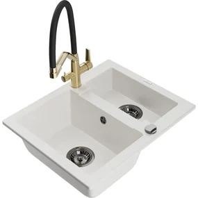 Mexen Carlos chiuvetă de granit cu 1,5 compartiment și baterie de bucătărie Duo, Albă - 6518-20-671701-57-B