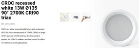 Spot LED incastrabil CROC recessed white 13W 13,5cm 90 grade 2700K CRI90 triac