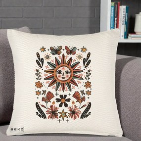 Perna Decorativa Soare Boho Folk Fluturi, 40x40 cm, Crem Reliefat, Husa Detasabila, Perna Inclusa, BEKZ®
