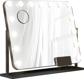 HOMCOM Oglindă cosmetică cu LED-uri, 3 moduri de lumină, reglabilă, control tactil, USB, 62,5x49,5 cm, negru | Aosom Romania