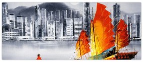 Tablou - Victoria Harbour, Hong Kong, pictură în ulei alb- negru (120x50 cm)