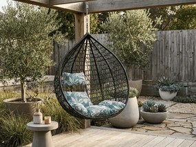 Fotoliu suspendat negru KOKON fara suport, pernă verde-albă