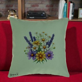 Perna Decorativa Lavanda Musetel si Flori Mov, 40x40 cm, Verde, Husa Detasabila, Perna Inclusa, BEKZ®