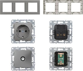 Priză Nova III cu două prize împământate, cu priză TV și cadru gri