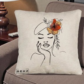 Perna Decorativa Portret Feminin Flori Palarie, 40x40 cm, Bej Canapea, Husa Detasabila, Perna Inclusa, BEKZ®