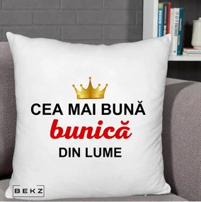 Cadou pentru Bunica - Perna Personalizata Cea Mai Buna Bunica Din Lume Coroana Aurie, 40x40 cm, Alb Pufos, Husa Detasabila, Perna Inclusa, BEKZ®