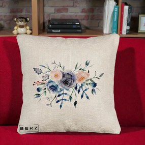 Perna Decorativa Buchet Flori Albastre Acuarela, 40x40 cm, Bej Canapea, Husa Detasabila, Perna Inclusa, BEKZ®