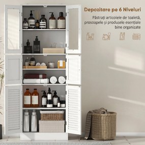 HOMCOM Dulap pentru baie cu 3 compartimente și 2 uși din sticlă și lemn, rafturi reglabile, 60x30x170 cm, alb | Aosom Romania